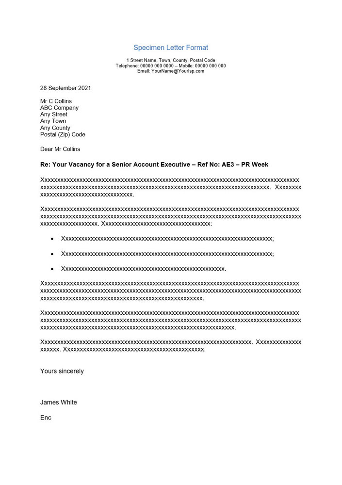 Job Search Related Information - Specimen Cover Letter Format